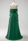 Eucalyptus A-Line Spaghetti Straps Chiffon Long Bridesmaid Dress with Slit