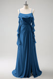 Eucalyptus A-Line Spaghetti Straps Chiffon Long Bridesmaid Dress with Slit
