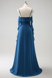 Eucalyptus A-Line Spaghetti Straps Chiffon Long Bridesmaid Dress with Slit