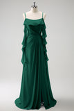 Eucalyptus A-Line Spaghetti Straps Chiffon Long Bridesmaid Dress with Slit