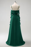 Eucalyptus A-Line Spaghetti Straps Chiffon Long Bridesmaid Dress with Slit