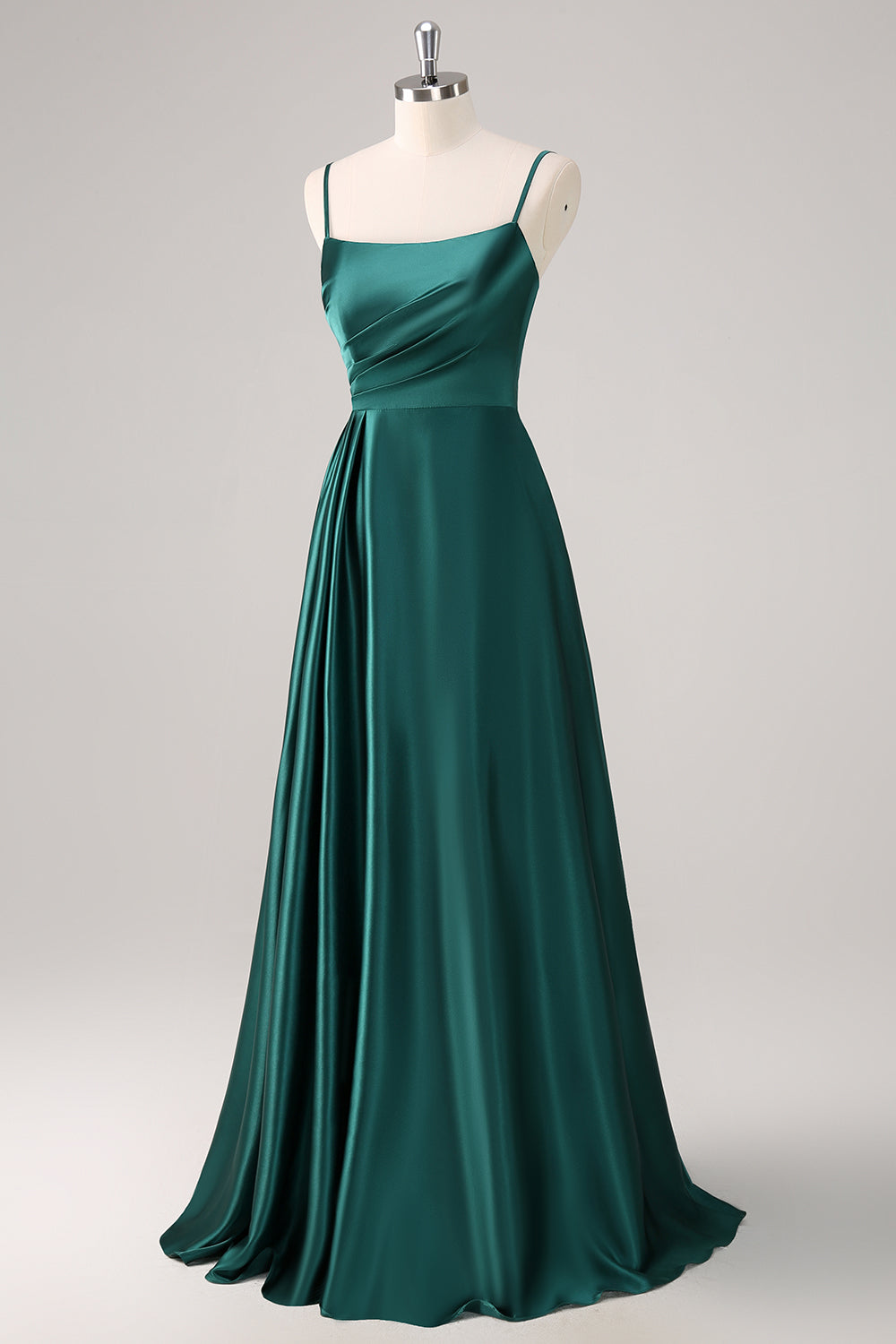 Zapakasa Women Dark Green Spaghetti Straps Bridesmaid Dress A-Line Satin Ruched Long Wedding Guest Dress Zapakasa Women Dark Green Spaghetti Straps Bridesmaid Dress A-Line Satin Ruched Long Wedding Guest Dress