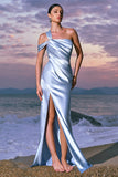 Sky Blue Bridesmaid Dress with Slit Sheath Cold Shoulder Pleated Satin Long Wedding Guest Dress 