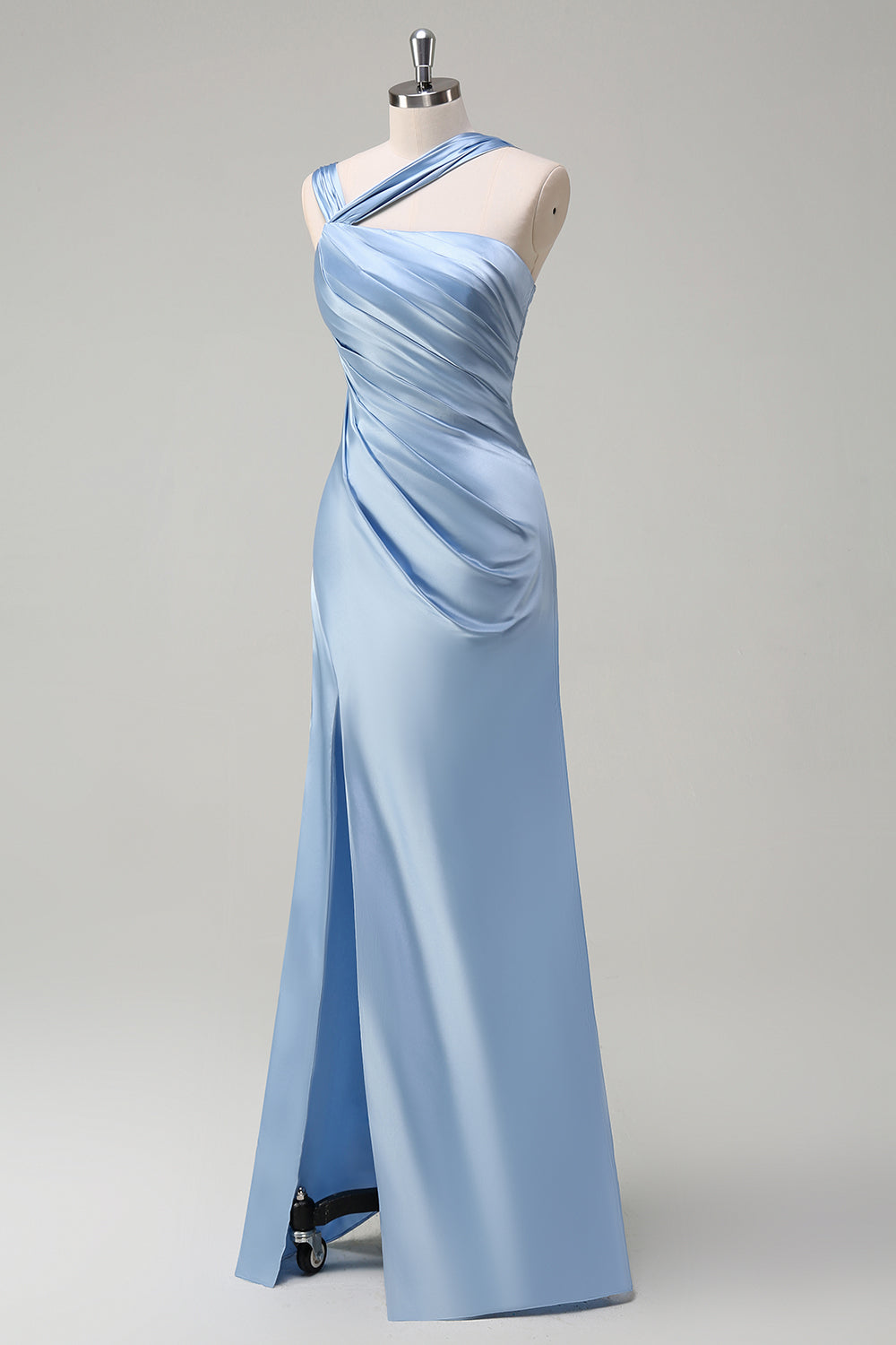 Zapakasa Women Sky Blue One Shoulder Long Bridesmaid Dress with Slit Sheath Satin Evening Dress Zapakasa Women Sky Blue One Shoulder Long Bridesmaid Dress with Slit Sheath Satin Evening Dress