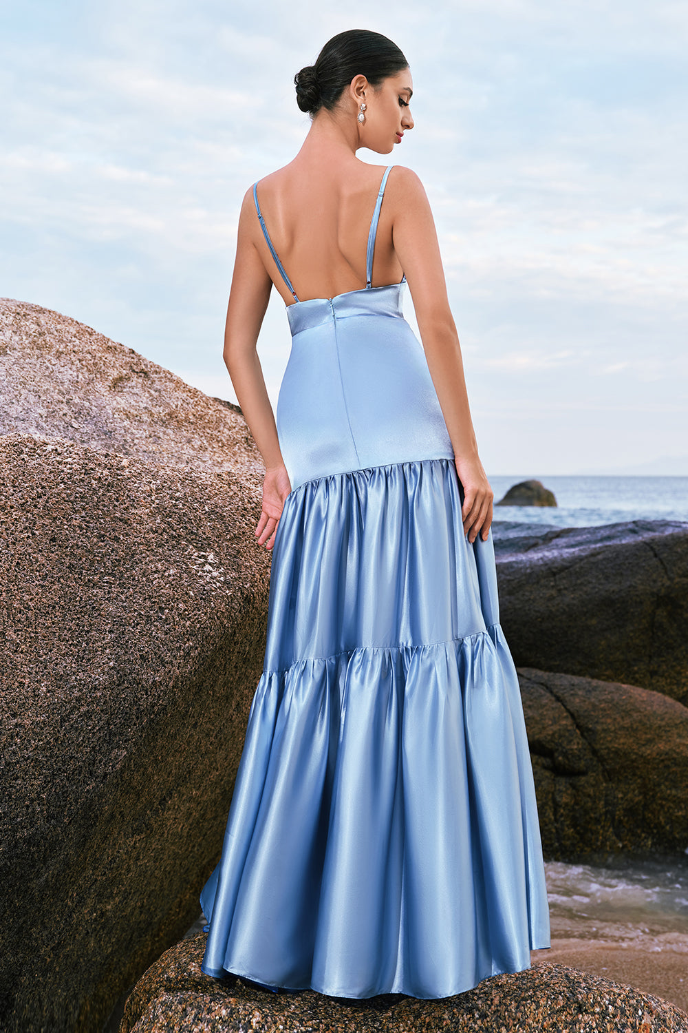 Zapaka Women Sky Blue Bridesmaid Dress Spaghetti Straps Satin A-Line Long Wedding Party Dress, Satin Color / US24W Zapaka Women Sky Blue Bridesmaid Dress Spaghetti Straps Satin A-Line Long Wedding Party Dress, Satin Color / US24W