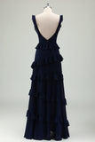 Navy A-Line Chiffon Ruffled Tiered Long Bridesmaid Dress