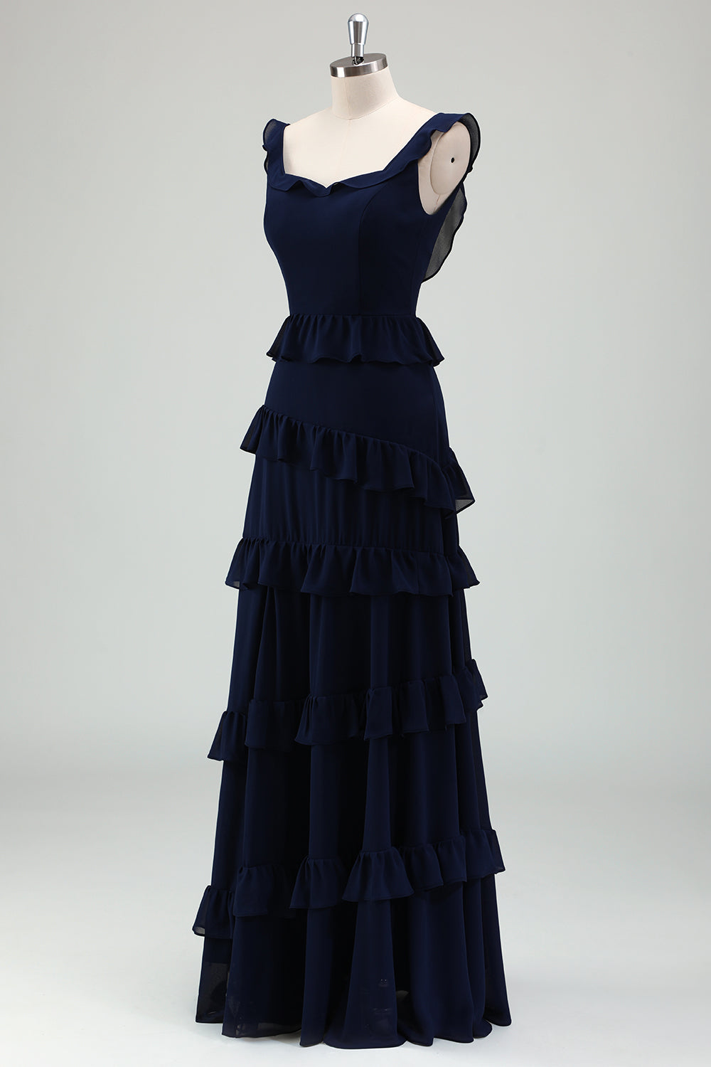 Zapakasa Women Navy A-Line Chiffon Tiered Long Bridesmaid Dress Ruffled