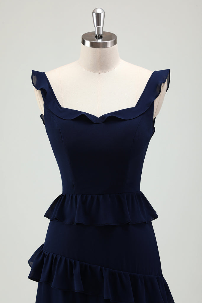 Navy Chiffon Halter Keyhole A-Line Long Bridesmaid Dress main image 1