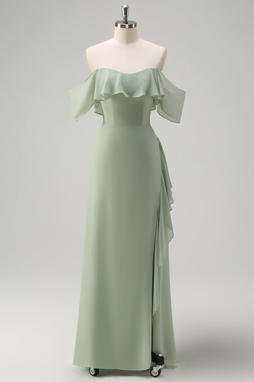 Eucalyptus Off The Shoulder Chiffon Long Bridesmaid Dress