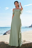 Eucalyptus Off The Shoulder Chiffon Long Bridesmaid Dress