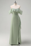Eucalyptus Off The Shoulder Chiffon Long Bridesmaid Dress