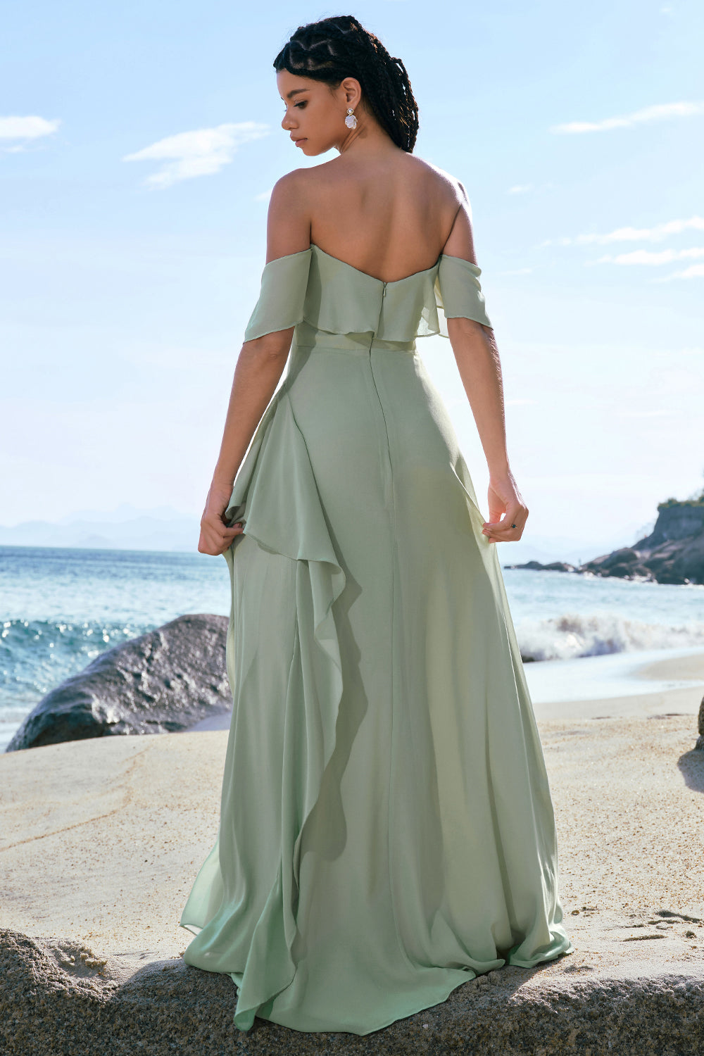 Eucalyptus Off The Shoulder Chiffon Long Bridesmaid Dress