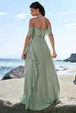 Eucalyptus Off The Shoulder Chiffon Long Bridesmaid Dress