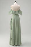Eucalyptus Off The Shoulder Chiffon Long Bridesmaid Dress