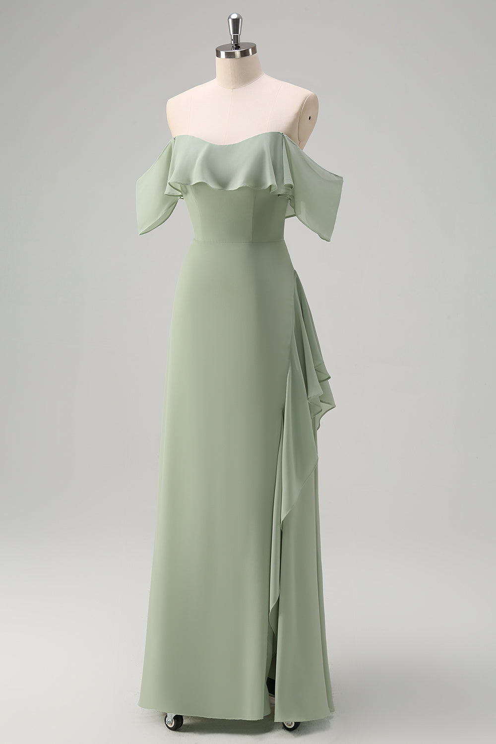 Eucalyptus Off The Shoulder Chiffon Long Bridesmaid Dress