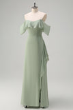 Eucalyptus Off The Shoulder Chiffon Long Bridesmaid Dress