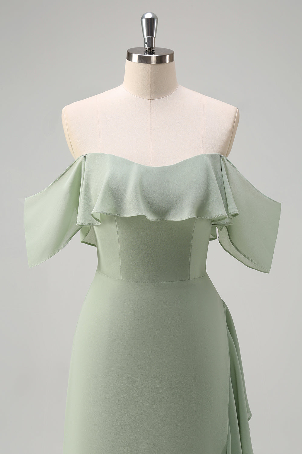 Eucalyptus Off The Shoulder Chiffon Long Bridesmaid Dress