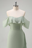 Eucalyptus Off The Shoulder Chiffon Long Bridesmaid Dress