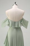 Eucalyptus Off The Shoulder Chiffon Long Bridesmaid Dress