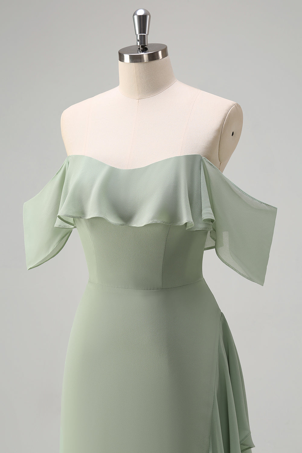 Eucalyptus Off The Shoulder Chiffon Long Bridesmaid Dress