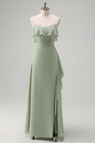 Eucalyptus Off The Shoulder Chiffon Long Bridesmaid Dress