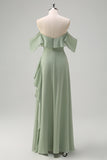 Eucalyptus Off The Shoulder Chiffon Long Bridesmaid Dress