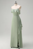 Eucalyptus Off The Shoulder Chiffon Long Bridesmaid Dress