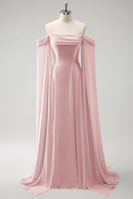 Flowy Blush Pink Chiffon Bridesmaid Dress with Streamer Cold Shoulder A Line Wedding Guest Dress