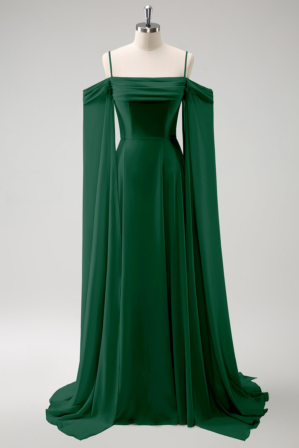 Flowy Dark Green Chiffon Bridesmaid Dress with Streamer Cold Shoulder A Line Wedding Guest Dress