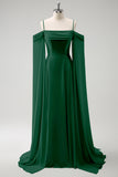 Flowy Dark Green Chiffon Bridesmaid Dress with Streamer Cold Shoulder A Line Wedding Guest Dress