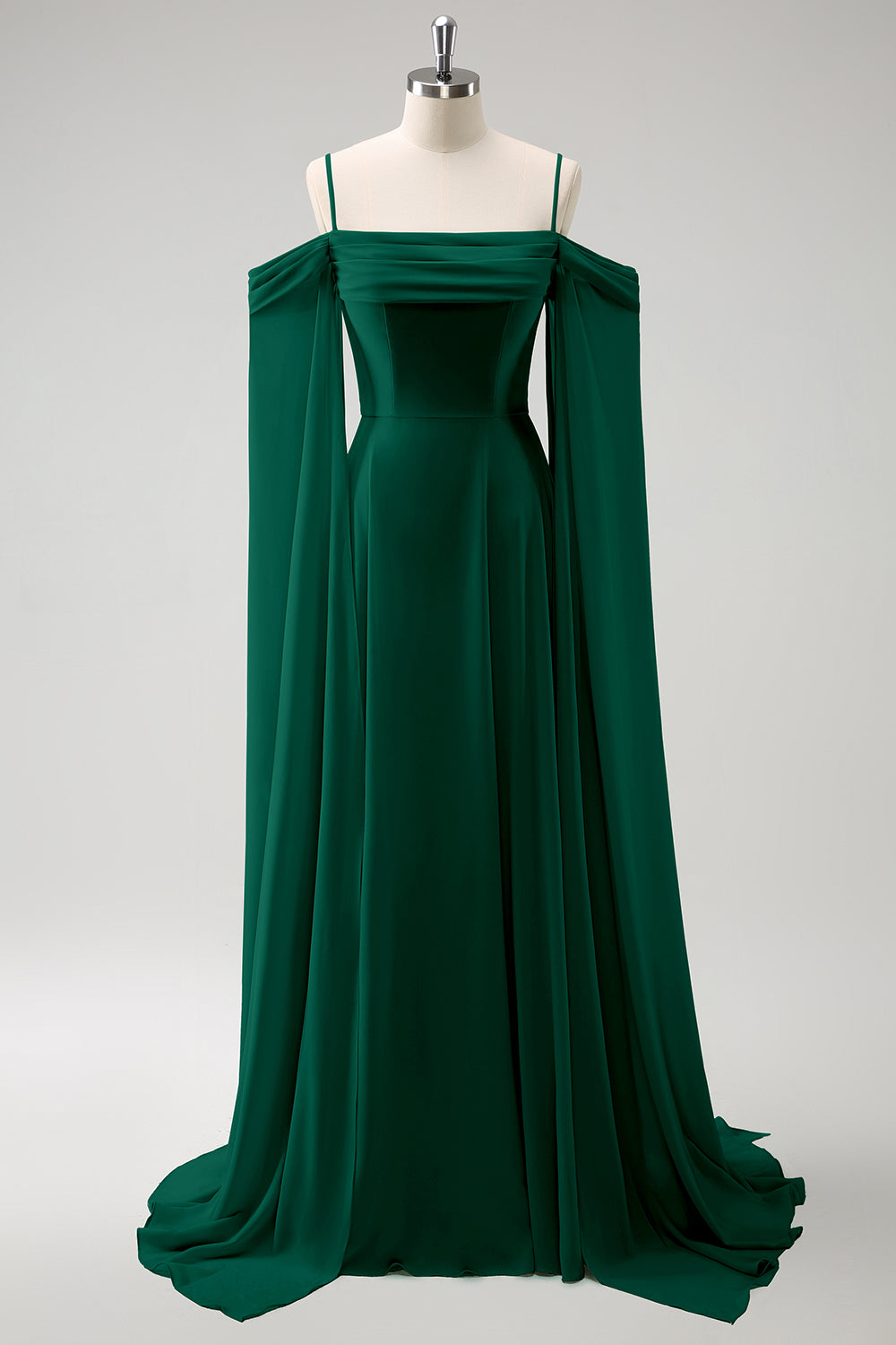 Flowy Dark Green Chiffon Bridesmaid Dress with Streamer Cold Shoulder A Line Wedding Guest Dress