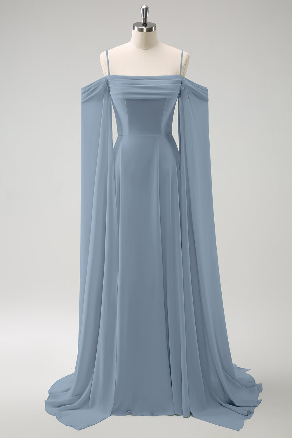 Dusty Blue Cold Shoulder A-Line Long Bridesmaid Dress with Detachable Sleeves