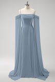 Dusty Blue Cold Shoulder A-Line Long Bridesmaid Dress with Detachable Sleeves
