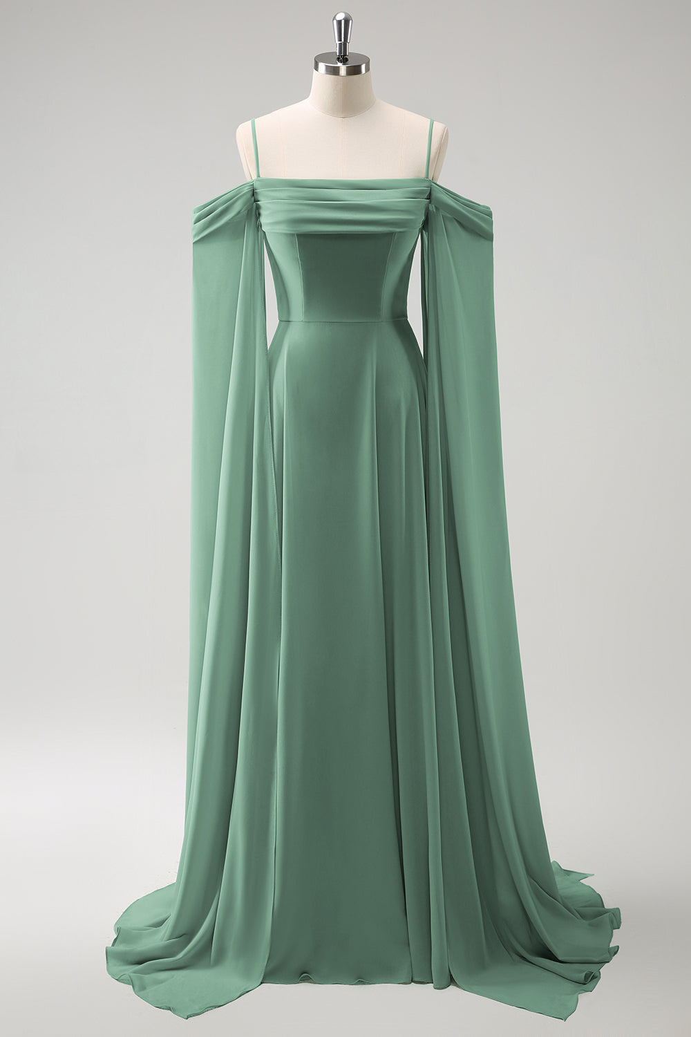 Flowy Eucalyptus Chiffon Bridesmaid Dress with Streamer Cold Shoulder A Line Wedding Guest Dress