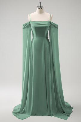 Flowy Eucalyptus Chiffon Bridesmaid Dress with Streamer Cold Shoulder A Line Wedding Guest Dress