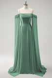 Flowy Eucalyptus Chiffon Bridesmaid Dress with Streamer Cold Shoulder A Line Wedding Guest Dress
