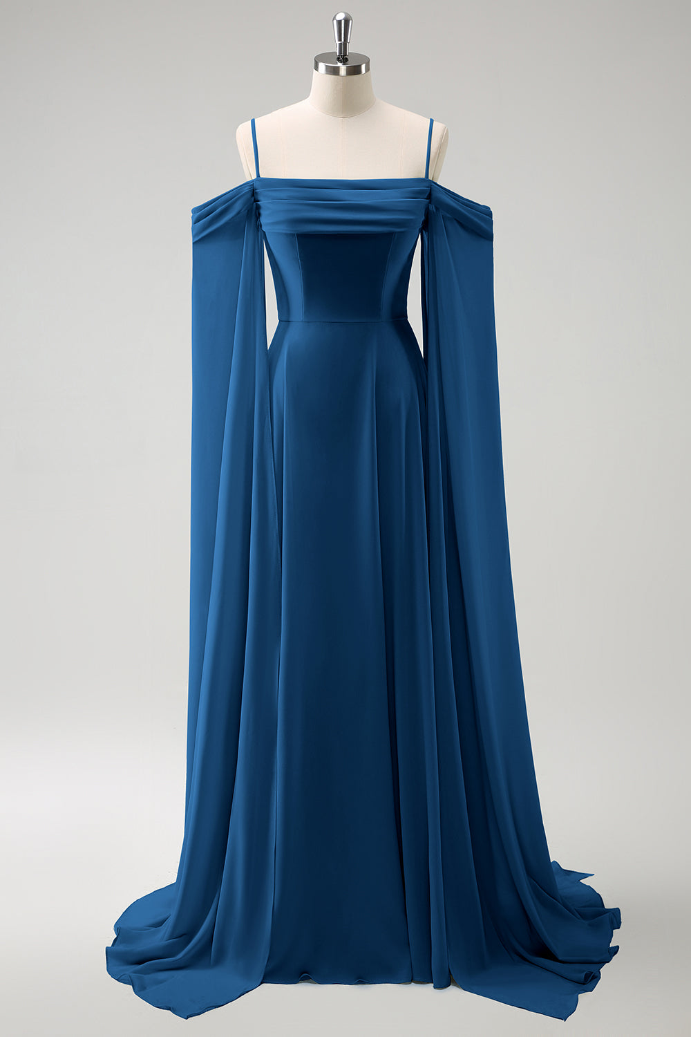 Flowy Ink Blue Chiffon Bridesmaid Dress with Streamer Cold Shoulder A Line Wedding Guest Dress