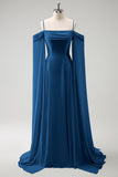 Flowy Ink Blue Chiffon Bridesmaid Dress with Streamer Cold Shoulder A Line Wedding Guest Dress