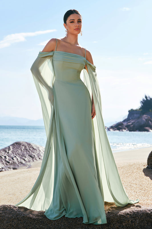 Flowy Light Green Chiffon Bridesmaid Dress with Streamer Cold Shoulder A Line Wedding Guest Dress
