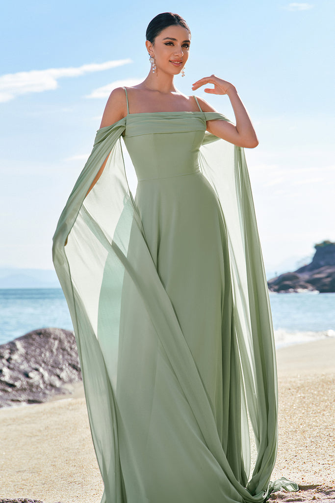 Light Green Cold Shoulder Detachable Sleeves Chiffon Bridesmaid Dress main image 1