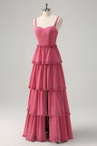 Rusty Rose A-Line Chiffon Tiered Long Bridesmaid Dress