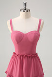 Rusty Rose A-Line Chiffon Tiered Long Bridesmaid Dress