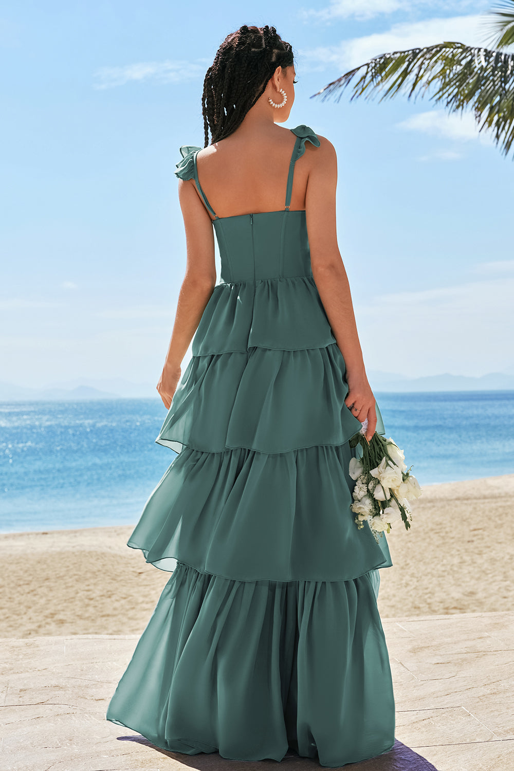 Zapaka Women Eucalyptus Bridesmaid Dress with Ruffle Slit A-Line Corset Tiered Long Wedding Party Dress, Eucalyptus / US20W