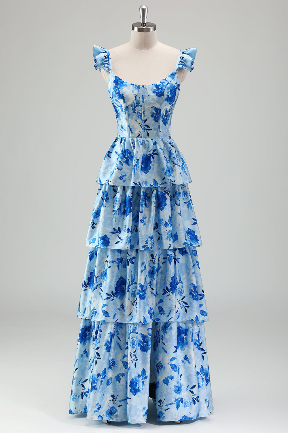 Blue Corset Tiered Long Prom Dress with Slit