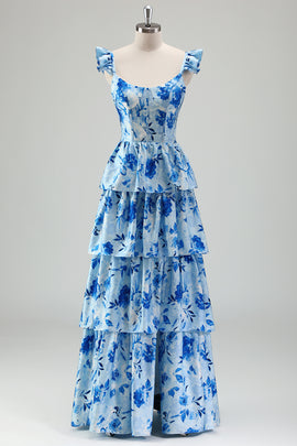 Blue Corset Tiered Long Prom Dress with Slit