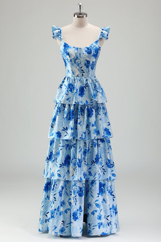 Blue Corset Tiered Long Prom Dress with Slit