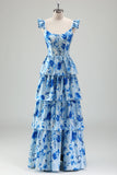 Blue Corset Tiered Long Prom Dress with Slit