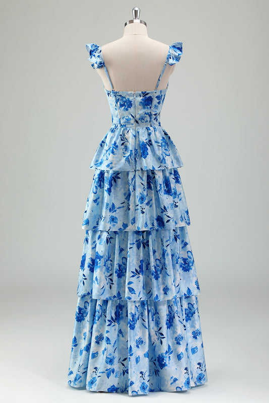 Blue Corset Tiered Long Prom Dress with Slit