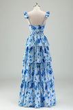 Blue Corset Tiered Long Prom Dress with Slit
