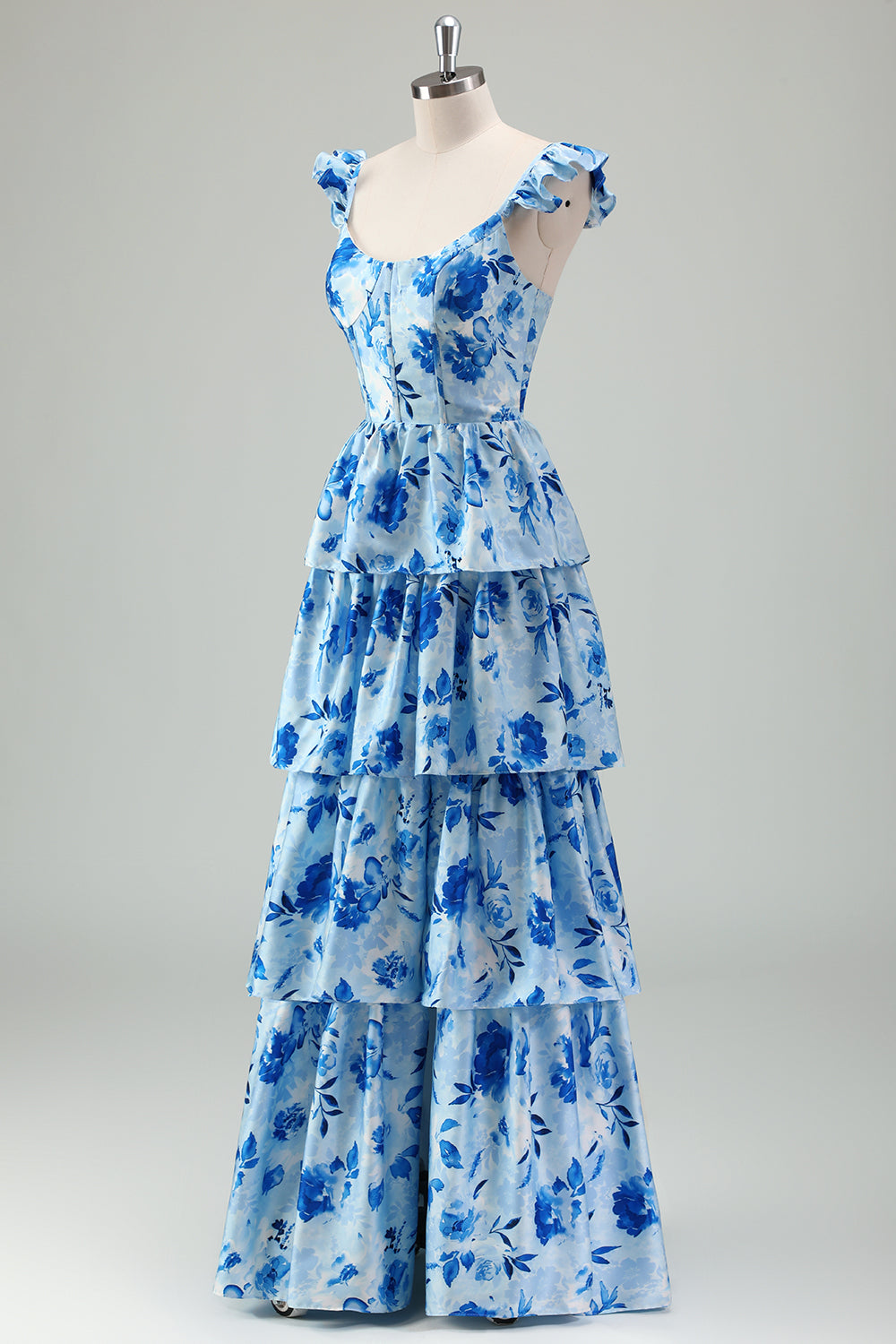 Blue Corset Tiered Long Prom Dress with Slit